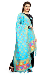 Dupatta en soie tissée artistique turquoise de Banarasi