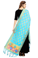 Dupatta en soie tissée artistique turquoise de Banarasi