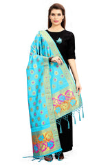 Dupatta en soie tissée artistique turquoise de Banarasi