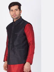 Men's Black  Nehru Jacket Banglori Silk Jodhpuri Mandarin Collar Sleeveless Solid Waistcoat