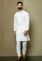 Men's White Solid Tunic Cotton Kurta Pajama Set