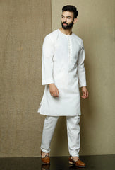 Men's White Solid Tunic Cotton Kurta Pajama Set