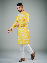 Men's Yellow Bird Printed Cotton Kurta Pajama Set