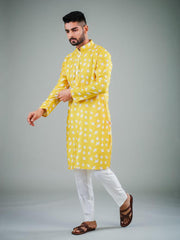 Men's Yellow Bird Printed Cotton Kurta Pajama Set