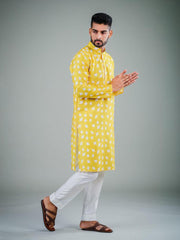 Men's Yellow Bird Printed Cotton Kurta Pajama Set