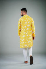 Men's Yellow Bird Printed Cotton Kurta Pajama Set