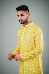 Men's Yellow Bird Printed Cotton Kurta Pajama Set