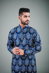Men's Navy Blue Satin Cotton Kurta Pajama Set