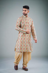 Men's Beige Printed Cotton Kurta Pajama Set