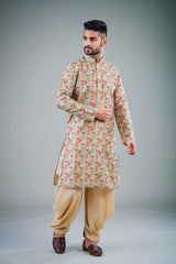 Men's Beige Printed Cotton Kurta Pajama Set