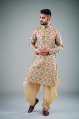 Men's Beige Printed Cotton Kurta Pajama Set