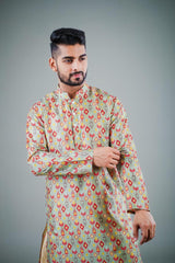 Men's Beige Printed Cotton Kurta Pajama Set