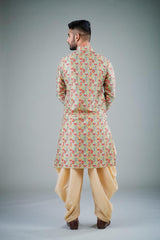 Men's Beige Printed Cotton Kurta Pajama Set