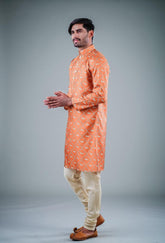 Men's Orange Solid Tunic Cotton Kurta Pajama Set