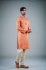 Men's Orange Solid Tunic Cotton Kurta Pajama Set