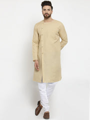 Men's Beige Side Button Tunic Cotton Kurta Pajama Set