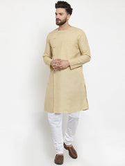 Men's Beige Side Button Tunic Cotton Kurta Pajama Set