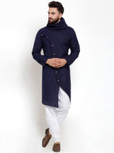 Men's Navy Blue Solid Cowl Neck Cotton Kurta Pajama Set