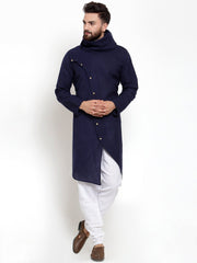 Men's Navy Blue Solid Cowl Neck Cotton Kurta Pajama Set