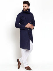 Men's Navy Blue Solid Cowl Neck Cotton Kurta Pajama Set