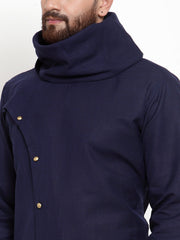 Men's Navy Blue Solid Cowl Neck Cotton Kurta Pajama Set