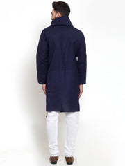Men's Navy Blue Solid Cowl Neck Cotton Kurta Pajama Set