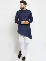 Men's Navy Blue Solid Tunic Cotton Kurta Pajama Set