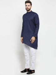 Men's Navy Blue Solid Tunic Cotton Kurta Pajama Set