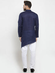 Men's Navy Blue Solid Tunic Cotton Kurta Pajama Set