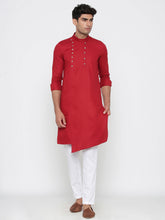 Men's Red Tunic Cotton Solid Kurta Pajama Set