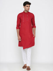 Men's Red Tunic Cotton Solid Kurta Pajama Set