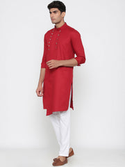 Men's Red Tunic Cotton Solid Kurta Pajama Set