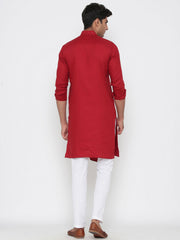 Men's Red Tunic Cotton Solid Kurta Pajama Set
