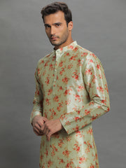 Men's Olive Green Printed Cotton Kurta Pajama Set