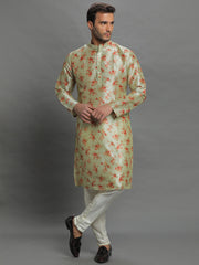 Men's Olive Green Printed Cotton Kurta Pajama Set