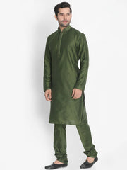 Men's Olive Green Solid Tunic Cotton Kurta Pajama Set