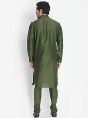 Men's Olive Green Solid Tunic Cotton Kurta Pajama Set