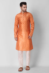 Men's Orange Printed Tunic Cotton Kurta Pajama Set