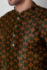 Men's Green Printed Tunic Cotton Kurta Pajama Set