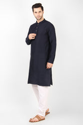 Men's Navy Blue Woven Art Silk Kurta Pajama Set