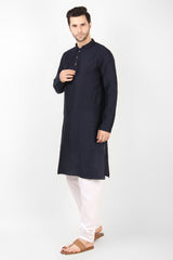 Men's Navy Blue Woven Art Silk Kurta Pajama Set