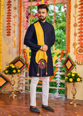 Men's Navy Blue Rayon Printed Kurta Pajama Set