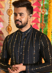 Men's Black Rayon Printed Kurta Pajama Set