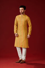 Men's Yellow Cotton Solid Kurta Pajama Set