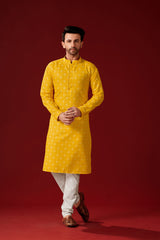 Ensemble pyjama Kurta en coton imprimé moutarde pour homme