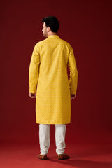 Ensemble pyjama Kurta en coton imprimé jaune pour homme