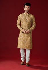 Ensemble pyjama Kurta en coton imprimé beige foncé pour homme