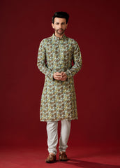 Ensemble pyjama Kurta en coton jaune verdâtre pour homme