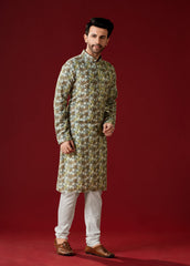 Ensemble pyjama Kurta en coton jaune verdâtre pour homme