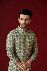 Ensemble pyjama Kurta en coton jaune verdâtre pour homme